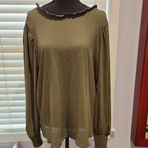 LOFT Green Ruffled Long Sleeve Blouse